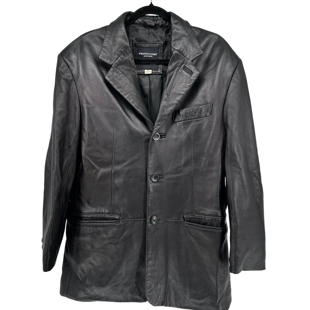 Pronto Uomo Black‎ 100% Leather Button Front Blazer Jacket Pockets Men's Medium